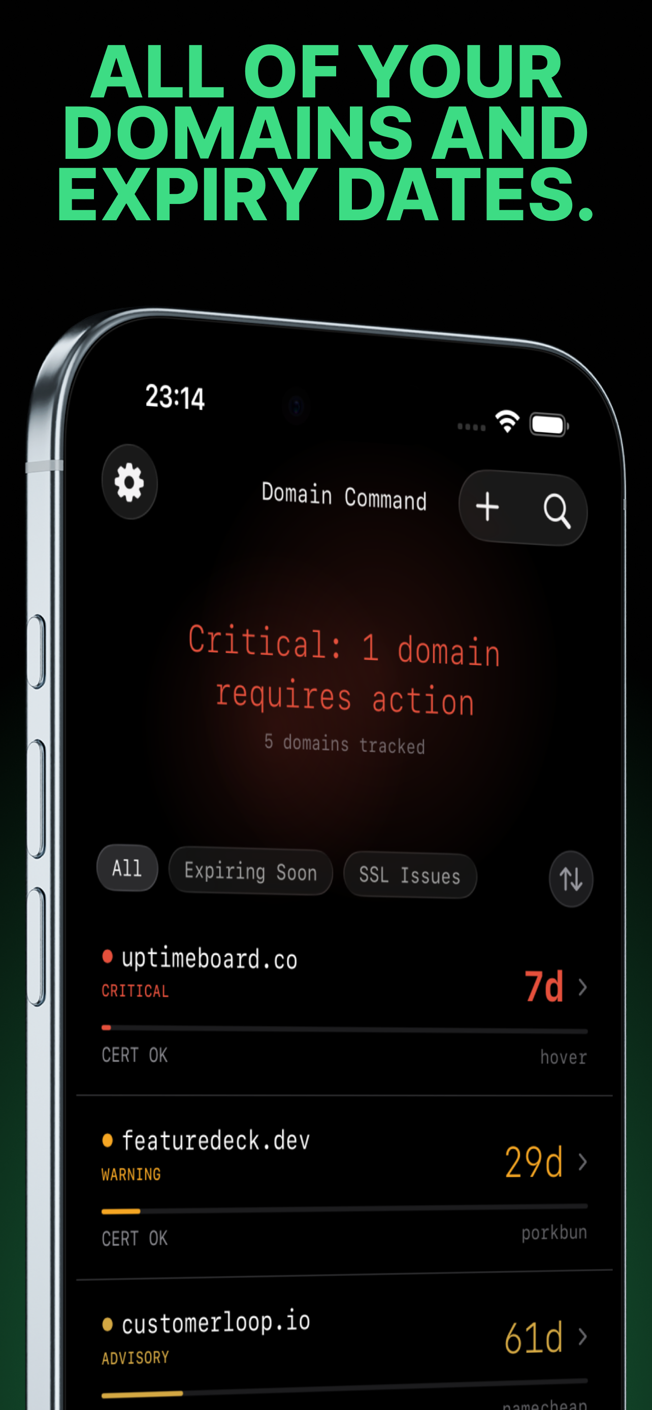 Domain Command app showing domain list with expiry tracking
